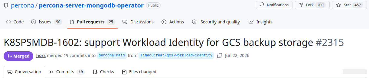 Pull request de GitHub percona/percona-server-mongodb-operator #2315, K8SPSMDB-1602: soporte de Workload Identity para el almacenamiento de backups en GCS, merged el 22 jun 2026